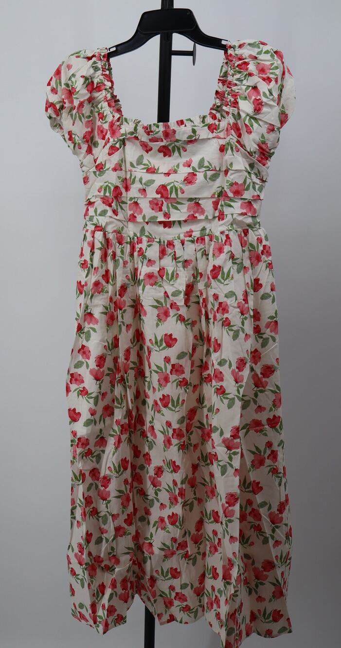 NEW So Me Midi Dress Red Floral Smocked A Line Short Puff Sleeve Size L